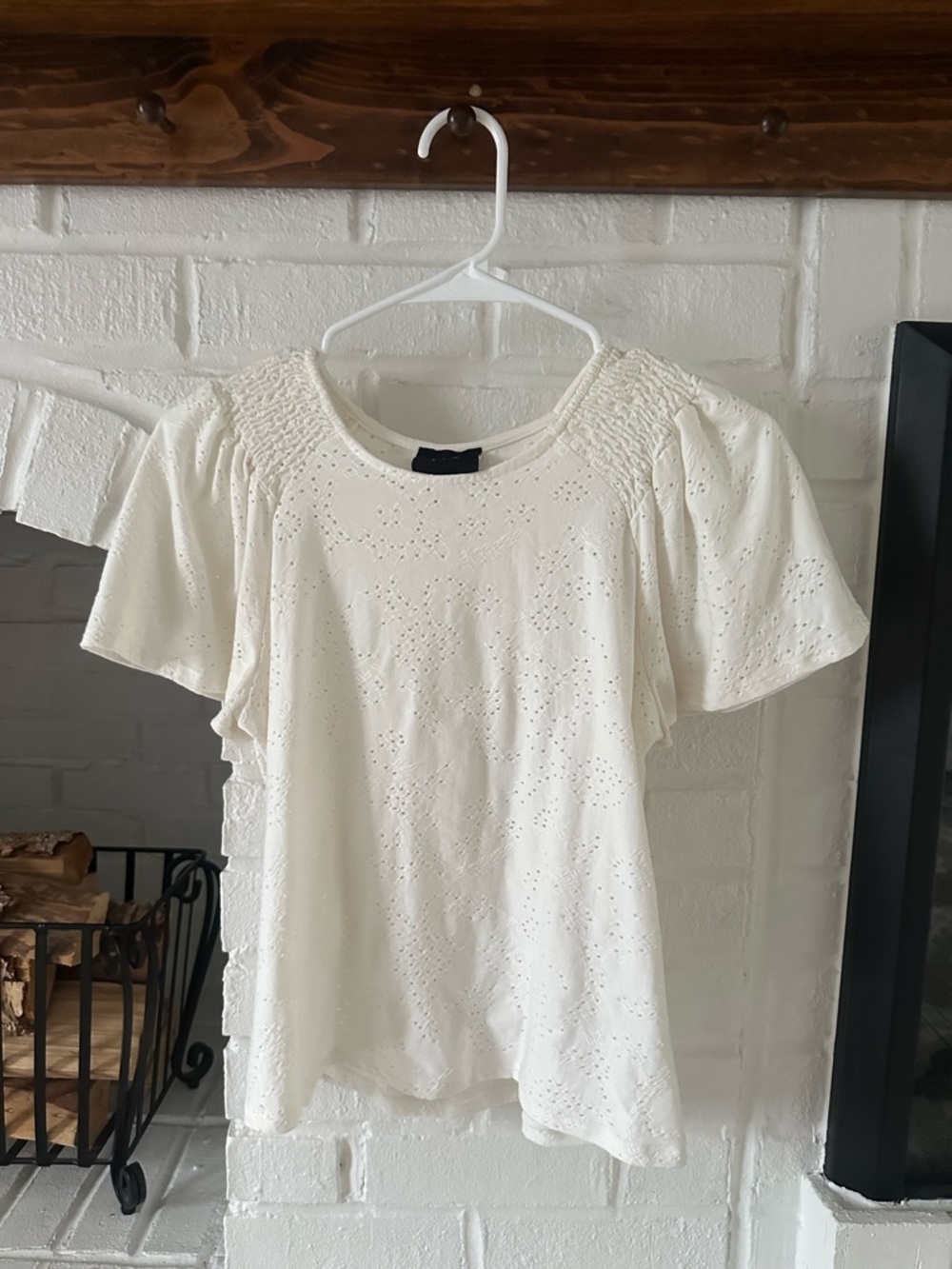 W5 Cream Eyelet Flutter Sleeve Top with Smocked Shoulders